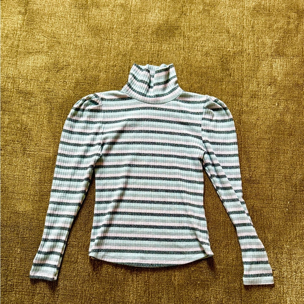 Maeve Gray and Green Striped Turtleneck Sweater